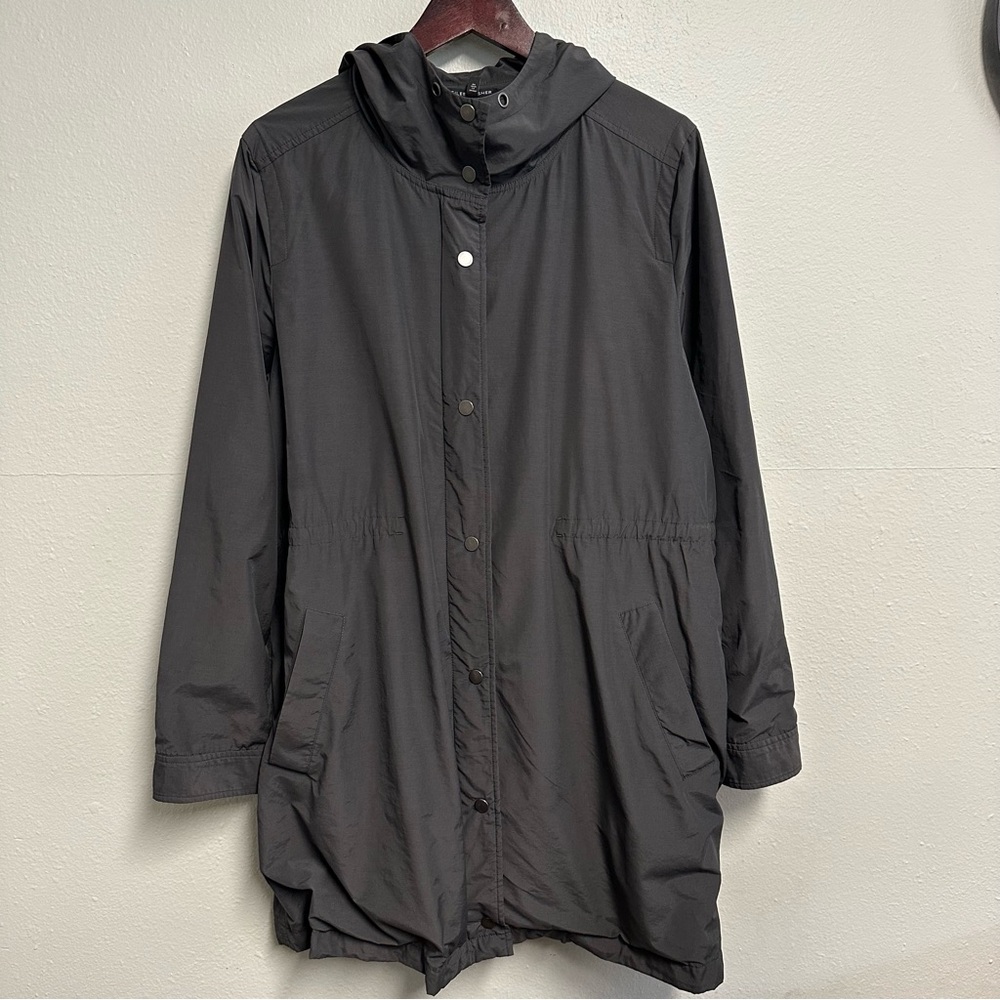 Eileen Fisher Anorak Jacket sz L Gray Hooded Windbreaker Zip/Snap Pull Waist